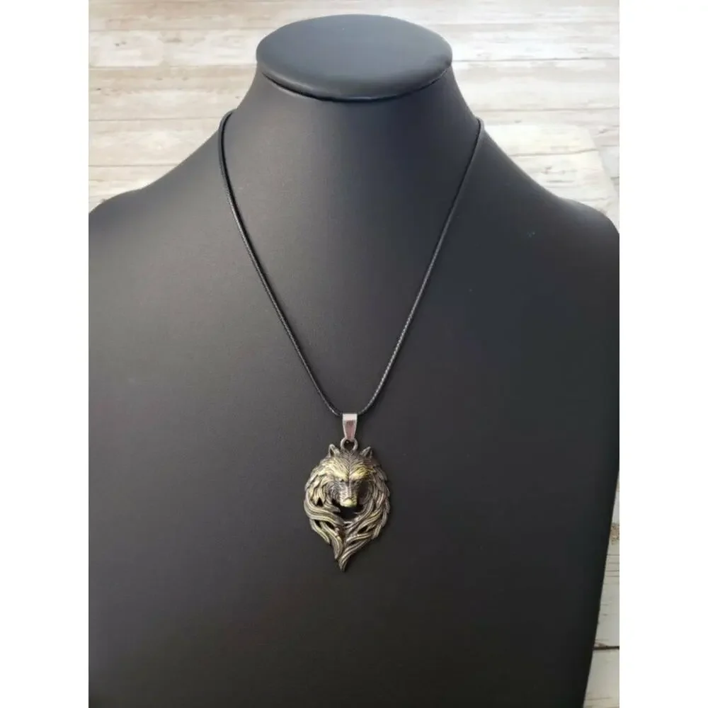 Wolf Pendant Multi Tone with Black Cord Necklace - Brand New